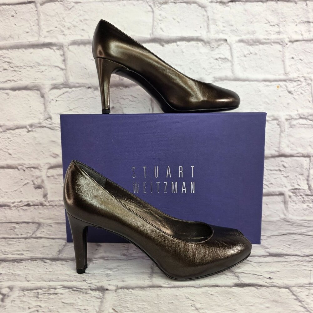 Stuart Weitzman Womens Shoes Sz 8 Cafe Pearl Leather Peep Toe High Heel Pumps - Picture 1 of 13